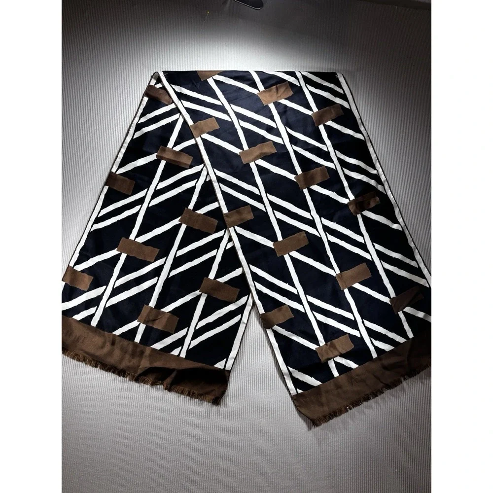 Vintage  70-80's 100% Silk Scarf Made In France Doro‎ Brown Black White  15